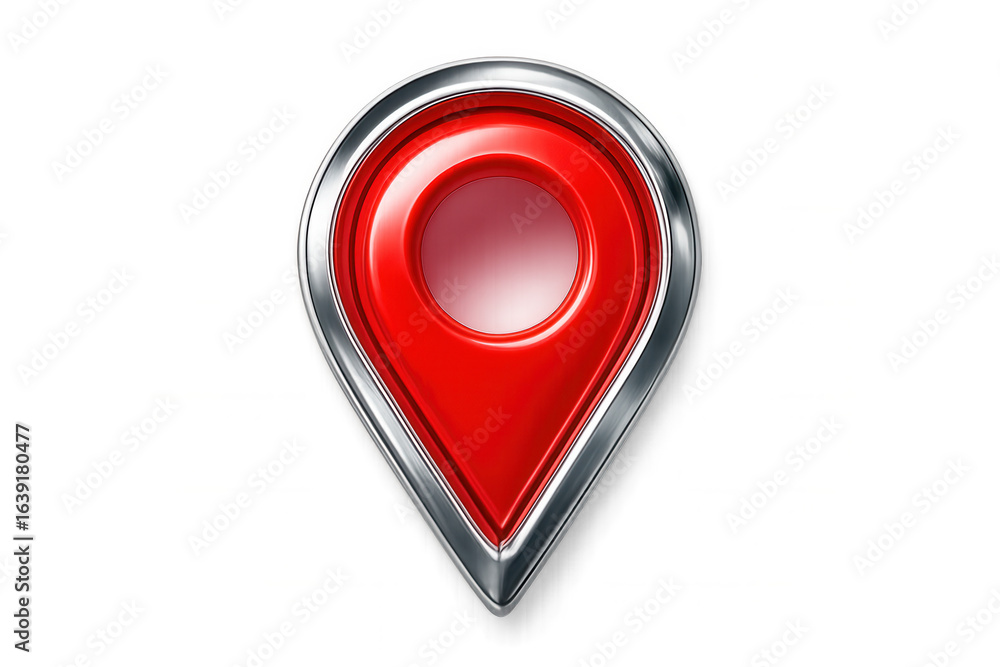 Poster shiny red location pin with chrome border, isolated on transparent background, perfect for indicatin