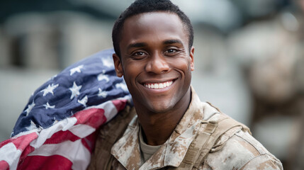 Silhouette of a soldier with a US flag against a sunset. Greeting card for Veterans Day, Memorial Day. Election Day in the USA. America Day. Festive Mood on President's Day