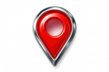 Shiny red location pin with chrome border, isolated on transparent background, perfect for indicating points of interest on maps and websites