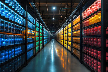Modern industrial storage facility with colorful shelving for efficient organization