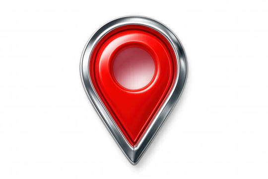 Shiny red location pin with chrome border, isolated on transparent background, perfect for indicating points of interest on maps and websites