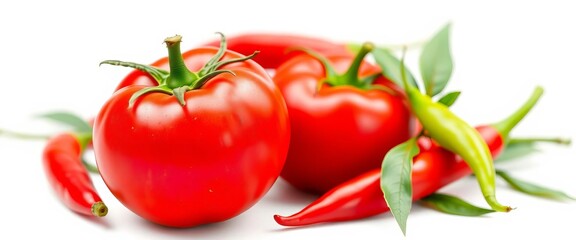 Vibrant red tomato and chili pepper, isolated,   red pepper,  produce