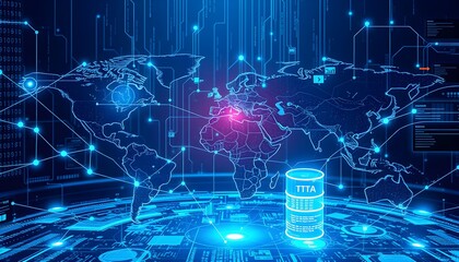 Global digital network infrastructure with data flow highlighted over a world map, emphasizing data storage and international connectivity.