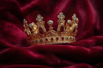 ornate golden crown adorned with clear and red gemstones resting on rich red velvet fabric, symbolizing royalty and elegance