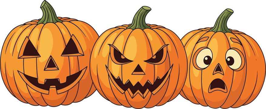 Three carved pumpkins with different facial expressions for halloween celebration, a fun and festive decoration for the autumn holiday season