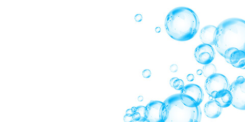 Blue soap bubbles, liquid sphere, foam freshness, underwater floating, vibrant dew, abstract shine, washing concept.