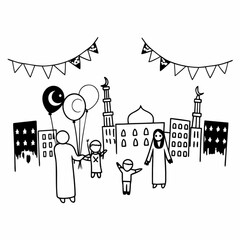 Obraz premium Minimilist illustration of eid celebration with family in front of mosque and city buildings with balloons and bunting vector