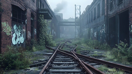 Hyper realistic post apocalyptic scene of abandoned railroad in urban setting
