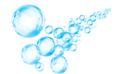Blue soap bubbles, liquid sphere, foam freshness, underwater floating, vibrant dew, abstract shine, washing concept.