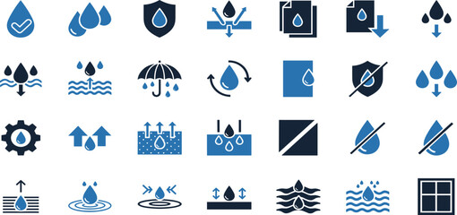Waterproof icon set. Containing Water Protection, Water Resistant, Drops, Moisture, Anti Wetting Material, Hydrophobic, Weatherproof, Rain, and more. vector illustration