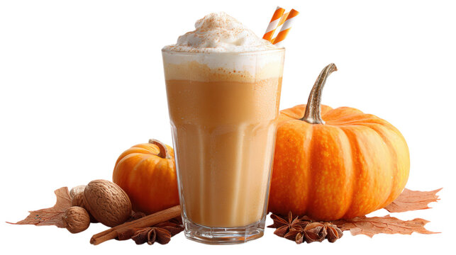 Pumpkin Spice Latte with Pumpkins and Autumn Leaves