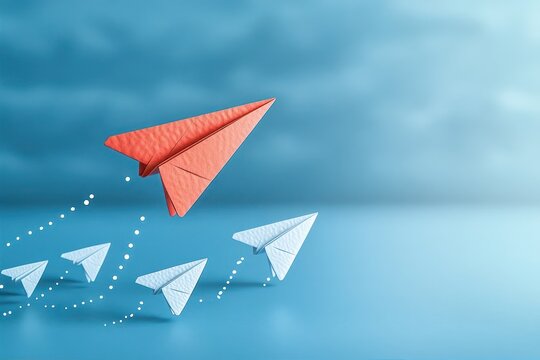 red paper airplane flying higher than white paper airplanes on a blue background symbolizing leadership and standing out