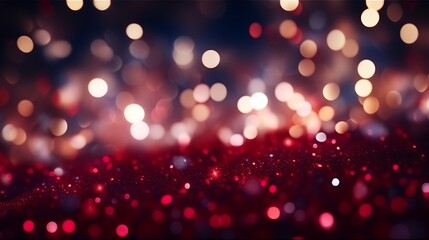 Glowing bokeh lights in rich navy blue and cherry red tones, diffused across a smooth gradient backdrop, with luminous festive particles gently scattering in the frame, 