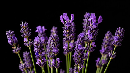 Obraz premium Exquisite Purple Lavender Blooms with Velvety Texture on a Deep Black Background