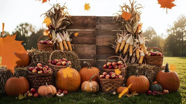 Autumn harvest festival scene with pumpkins, hay bales, baskets of apples and corn, golden sunset glow, falling leaves animation