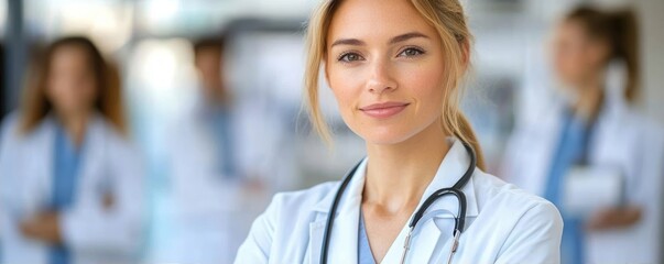 Confident female doctor wearing a white coat and stethoscope standing in front of blurred medical professionals in clinical environment