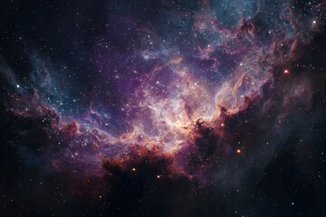 Obraz premium Cosmic nebula displays a vivid dance of stars and gas in vibrant hues across the dark expanse of the universe