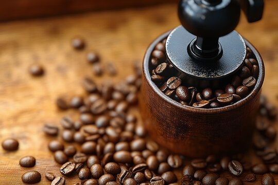 Close-up of dark roasted coffee beans inside and around a vintage wooden coffee grinder on a wooden surface evoking warmth and rustic charm