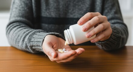 Person pouring pills from a bottle into hand, representing healthcare and medication.