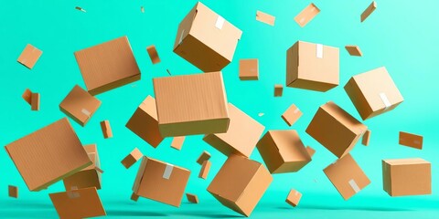 Brown cardboard parcel boxes tumbling mid-air against a turquoise backdrop,  object,  pile
