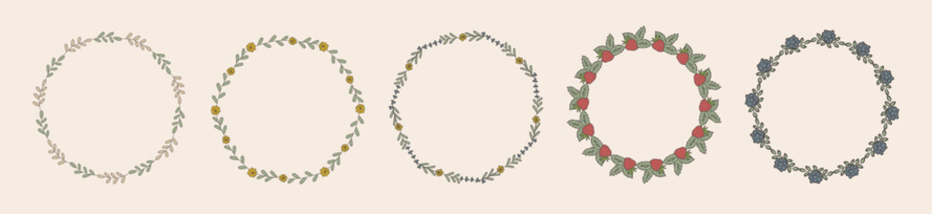 Hand drawn botanical wreath frames with leaves, flowers, berries. Rustic floral circle borders for invitations, cards, logos, scrapbooking, vintage decor.