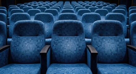 Obraz premium Close-up of rows of blue theater seats, waiting for the audience.