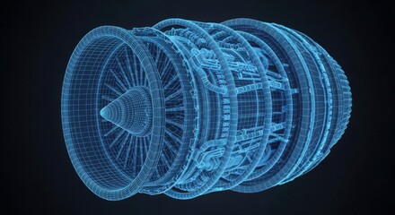 Detailed 3d rendering of an airplane engine, illustrating its internal structure in blue.