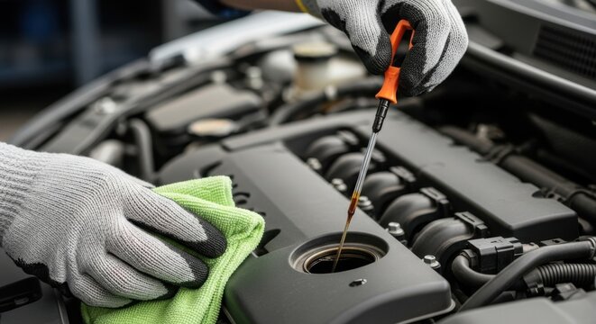 Mechanic checking the oil level in a car engine during service and maintenance.
