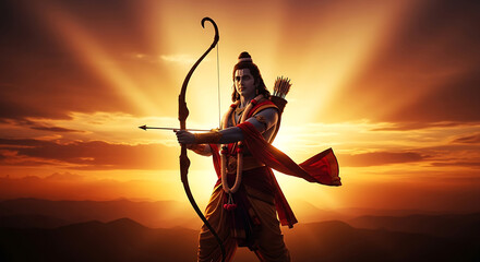 Lord Rama aiming bow and arrow at sunset Hindu god