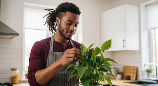 A man in his kitchen tending to his houseplant, promoting wellness and relaxation.