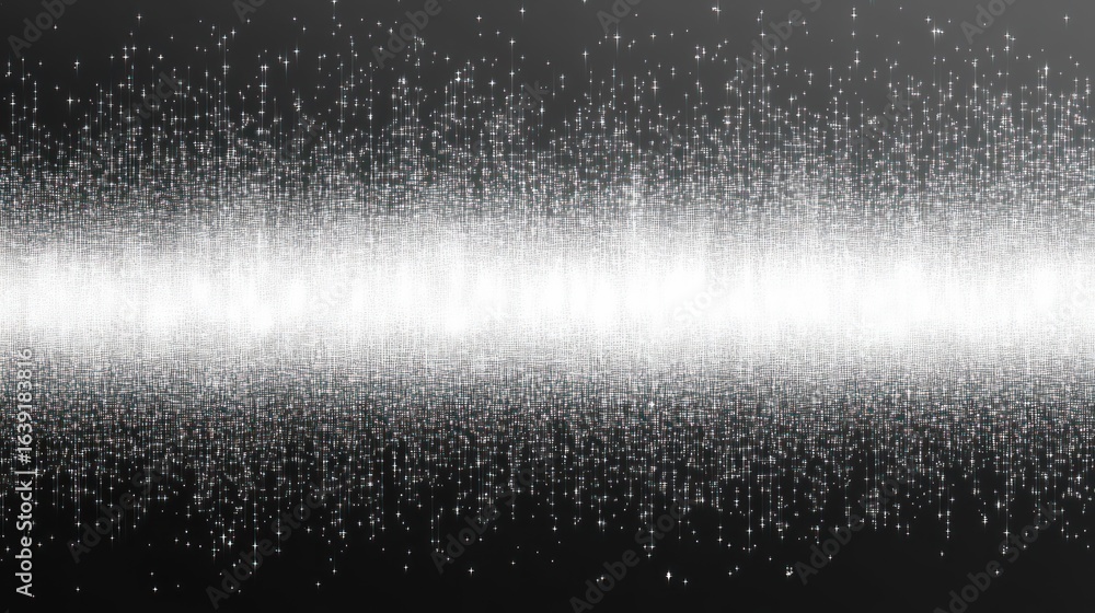 Poster abstract horizontal band of bright white light particles and dots glowing densely against a dark bac
