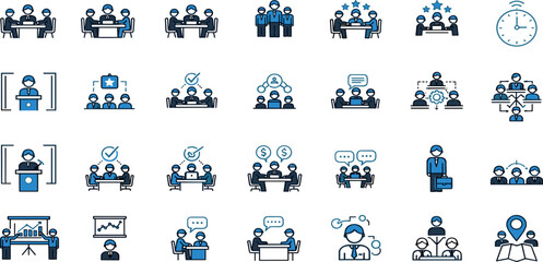 Meeting outline icon set. Containing Business meeting, conference, planning, presentation, discussion, conversation, and more. Editable stroke. Vector illustration