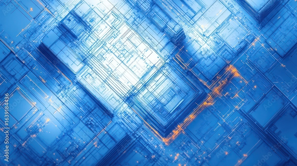 Poster abstract digital circuit board with interconnected blue lines and glowing orange nodes conveying fut
