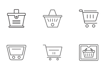 Shopping Basket and Cart Icons Representing Retail and Commerce in a Clean Line Art Style