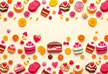 Wide banner showcasing a delightful repeating pattern of sweet treats and cake icons, cakes,  clipart