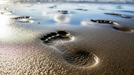 Close-up of footprints in wet sand under bright daylight, with sufficient natural or ambient lighting to enhance clarity and mood.