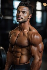 Fototapeta premium muscular man with defined abs and broad shoulders posing confidently in a dimly lit gym environment