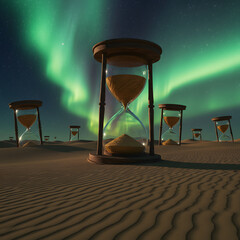 A series of sand timers are set in a desert landscape with a bright green aurora