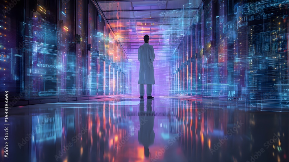 Poster high-tech executive in a glowing server room with volumetric holographic ui floating around, ambient