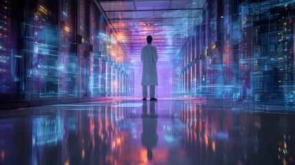 Fototapeta premium High-tech executive in a glowing server room with volumetric holographic UI floating around, ambient lighting and realistic reflections 