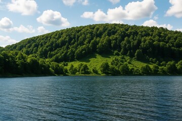 A Serene Lake with Lush Green Hills Under a Partly Cloudy Sky