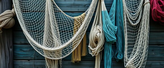 Fototapeta premium Intricate fishing nets draped over weathered wood, ample copy space, beige, illustration