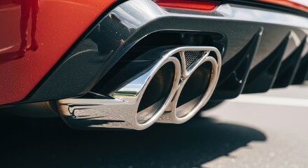 Close-up of Car Exhaust Pipes, Chrome Finish, Red Car Body.