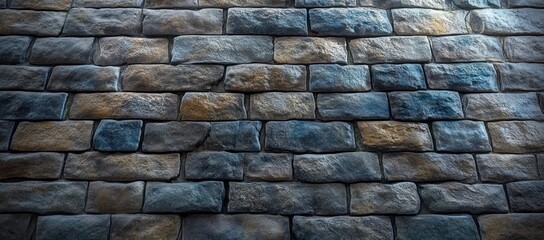 Obraz premium Close-up view of a textured stone wall with rectangular gray and brown stones arranged in a staggered pattern under soft lighting