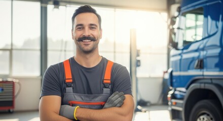 A mechanic with a mustache smiles, ready to fix a truck in a garage.