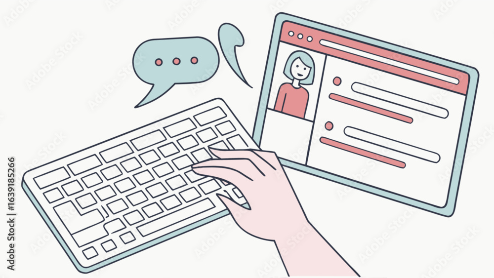 Aufkleber online communication concept showing keyboard typing chatting with social media profile view online 