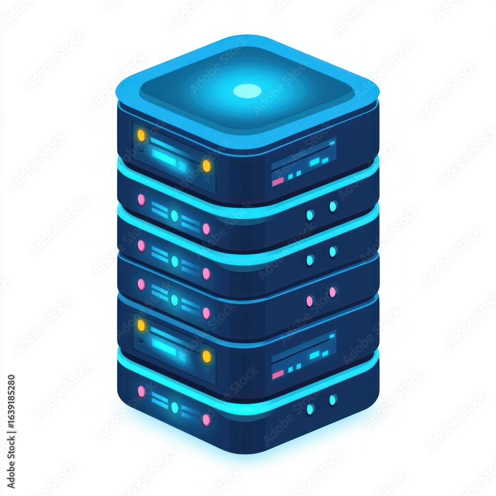 Aufkleber stack of futuristic glowing network servers with blue and pink lights symbolizing data storage and p