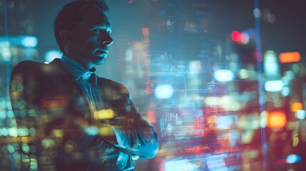 Neon-lit business executive in a futuristic cityscape, immersed in cyberpunk atmosphere with holographic overlays and glowing UI elements 