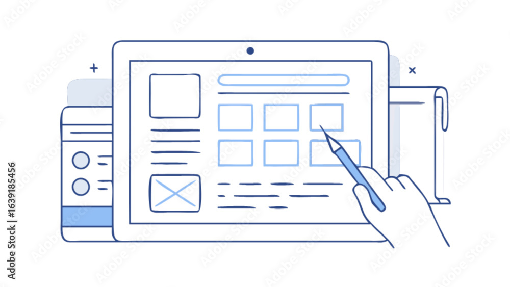 Poster tablet app design wireframe ux ui interface development sketching planning and hand with pencil conc