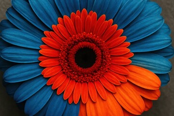 A close-up of a flower with blue petals radiating outward and red petals converging towards the center, set against a dark backdrop that accentuates their vivid hues